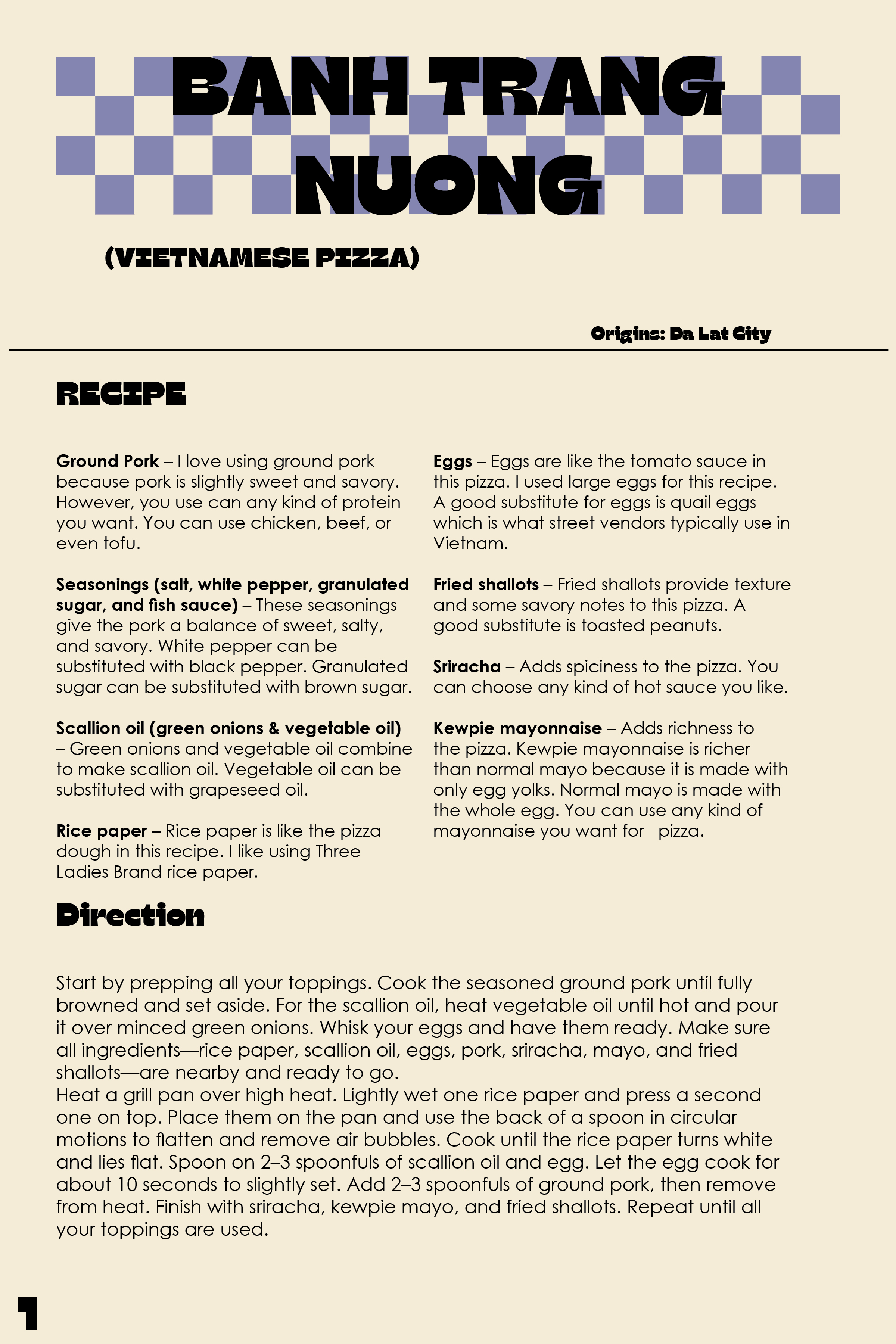 Recipe for Banh Trang Nuong Vietnamese pizza including ingredients like ground pork, seasonings, scallion oil, rice paper, eggs, fried shallots, sriracha, and kewpie mayonnaise, plus cooking directions.