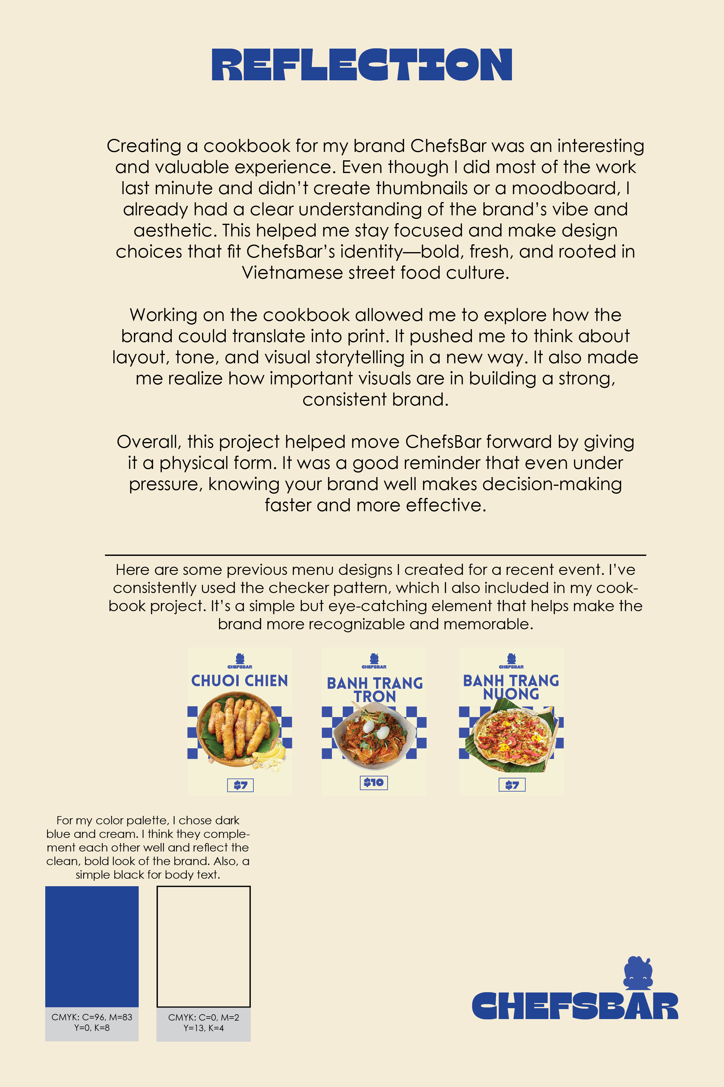 ChefsBar reflection text about creating a cookbook, plus images of three menu items with checker pattern backgrounds and prices, and a color palette showing dark blue and cream with CMYK values.