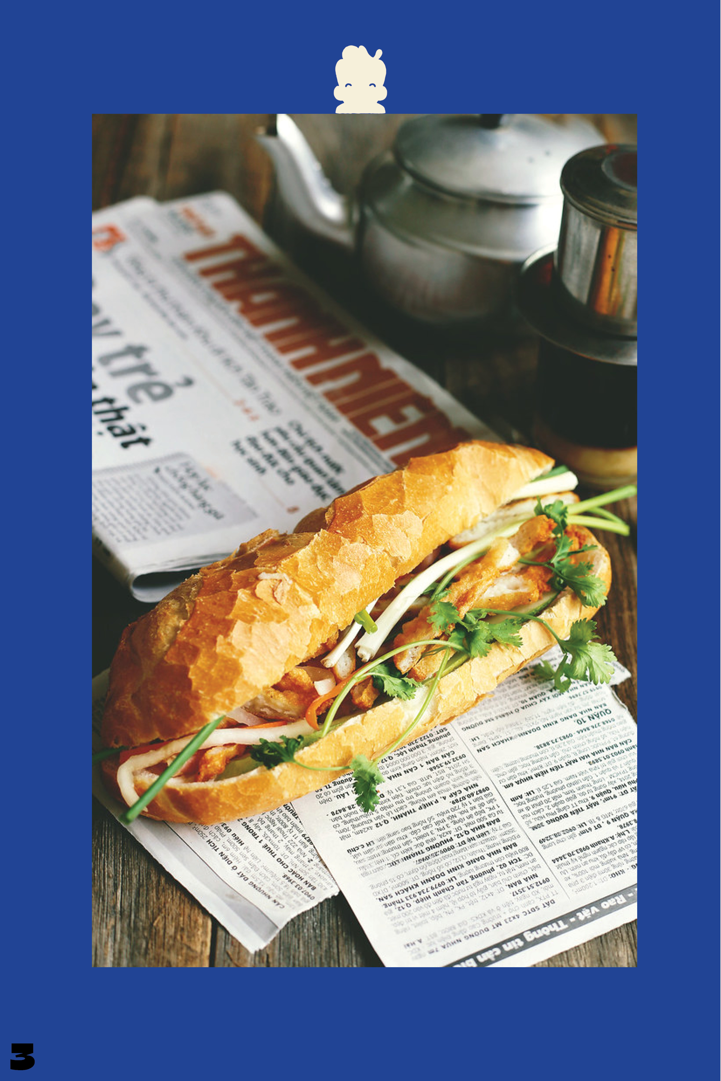 Vietnamese baguette sandwich with cilantro and vegetables on newspaper, next to a metal teapot and a coffee drip filter.