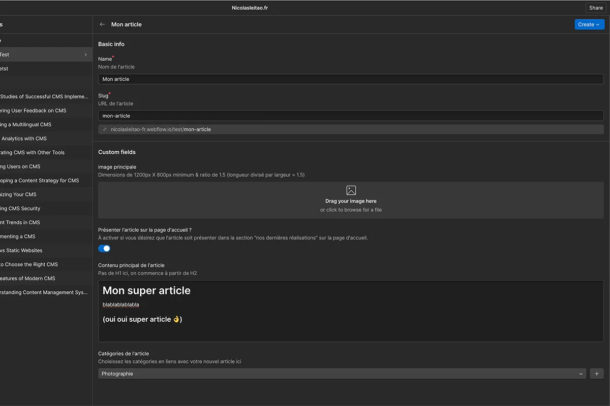 screenshot du CMS Webflow