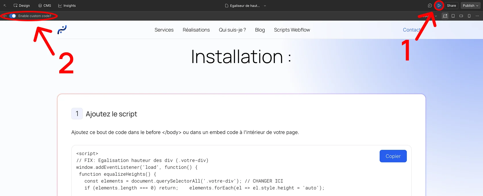 Test du script Equal height dans le preview webflow avec l'option custom code activée