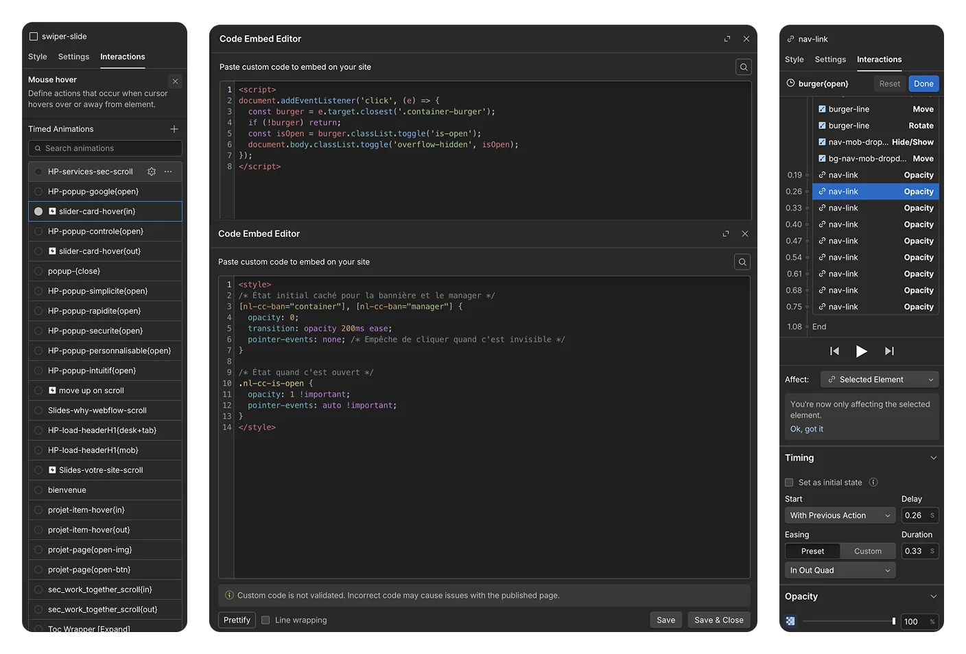 Panneau d'animations Webflow