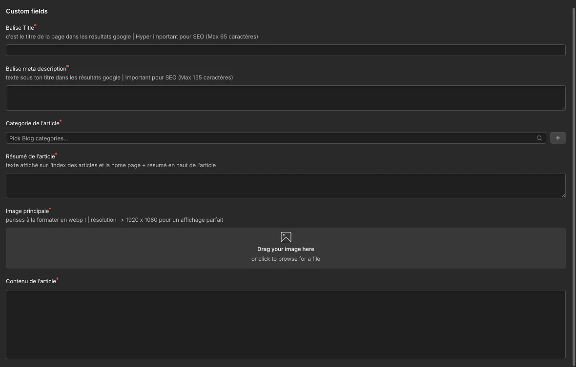 Screenshot de l'interface CMS de Webflow