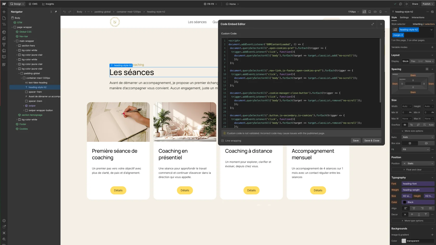 Screenshot d'une refonte Webflow avec code embed pour un script personnalisé