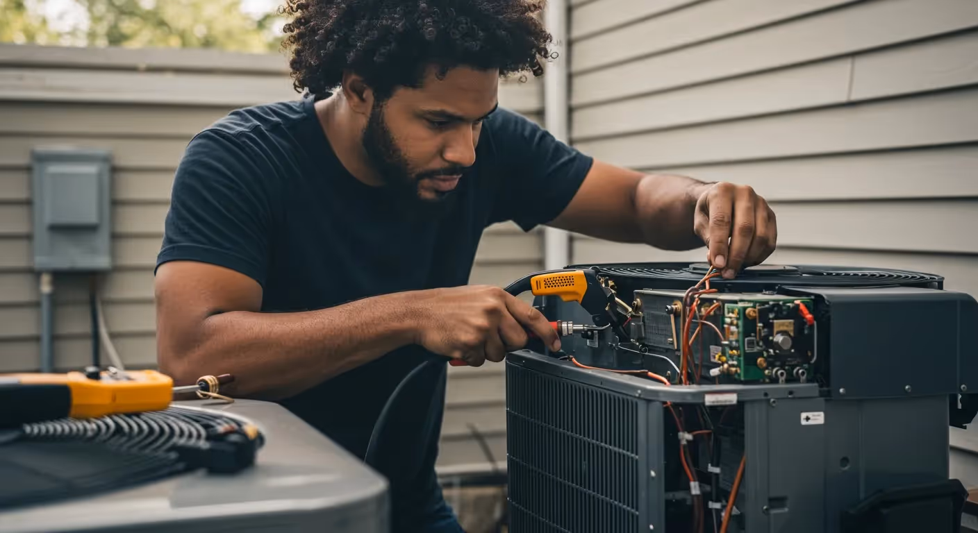 Technician repairing electrical components in unit.