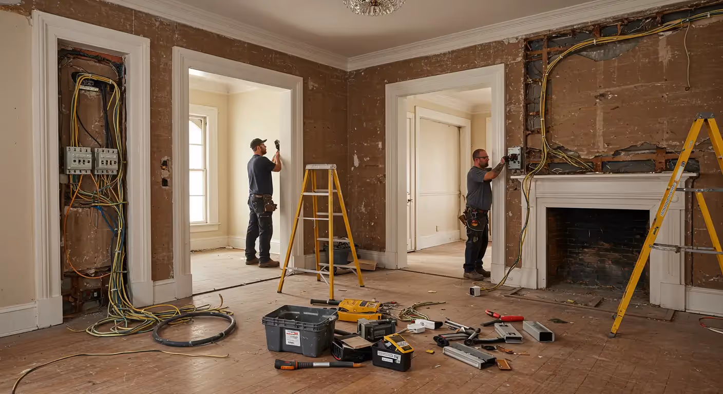 Workers rewiring a large residential home.