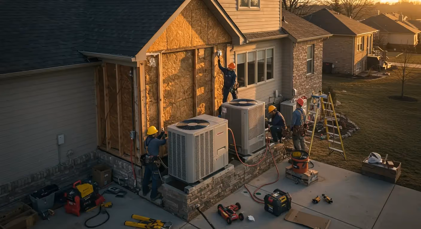 Crew installing Heat Pump units at home.