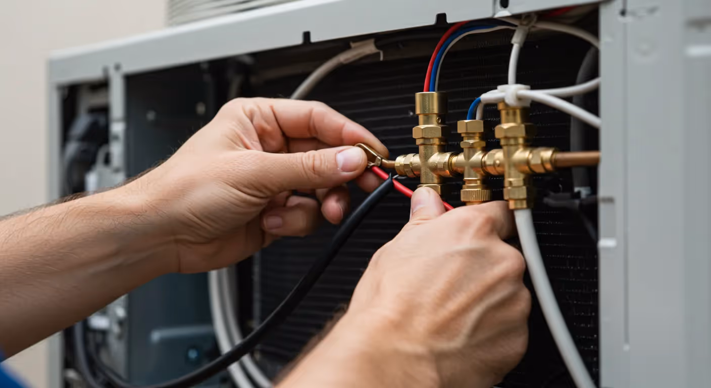 A close-up view of a technician's hands carefully working on the brass fittings and electrical wiring inside an AC unit.