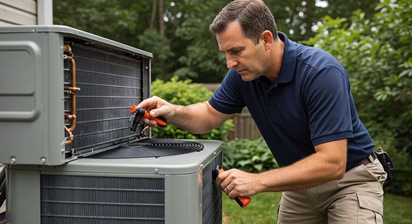 A close-up shot of a technician in a polo shirt and khakis, working on the internal components and fan of a large, outdoor heat pump unit.
