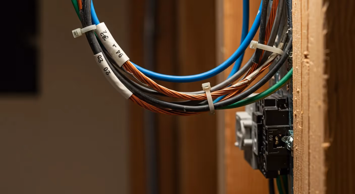 Close-up of labeled electrical wires secured with zip ties and connected to a component on a wooden stud.