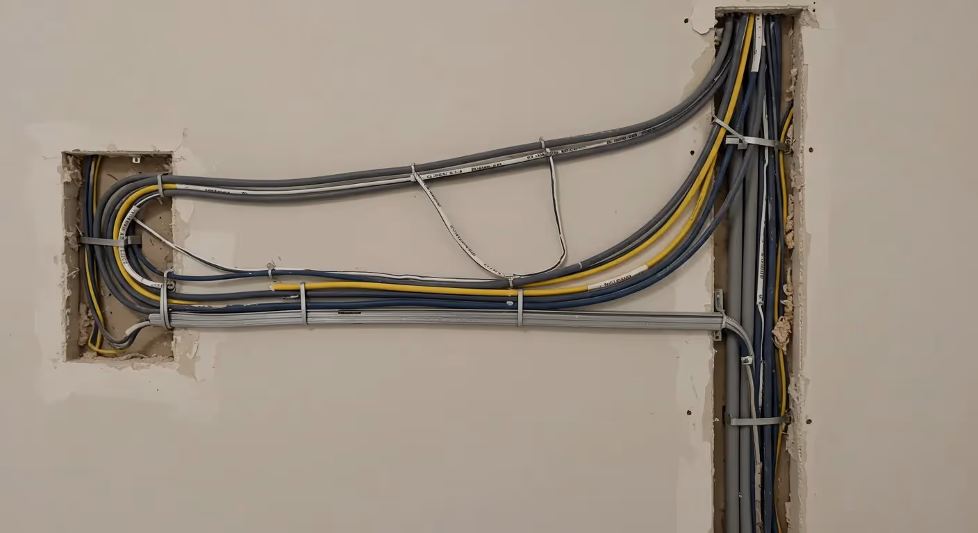 A network of gray, blue, and yellow electrical wires installed inside a wall cavity and running between two openings in the drywall.