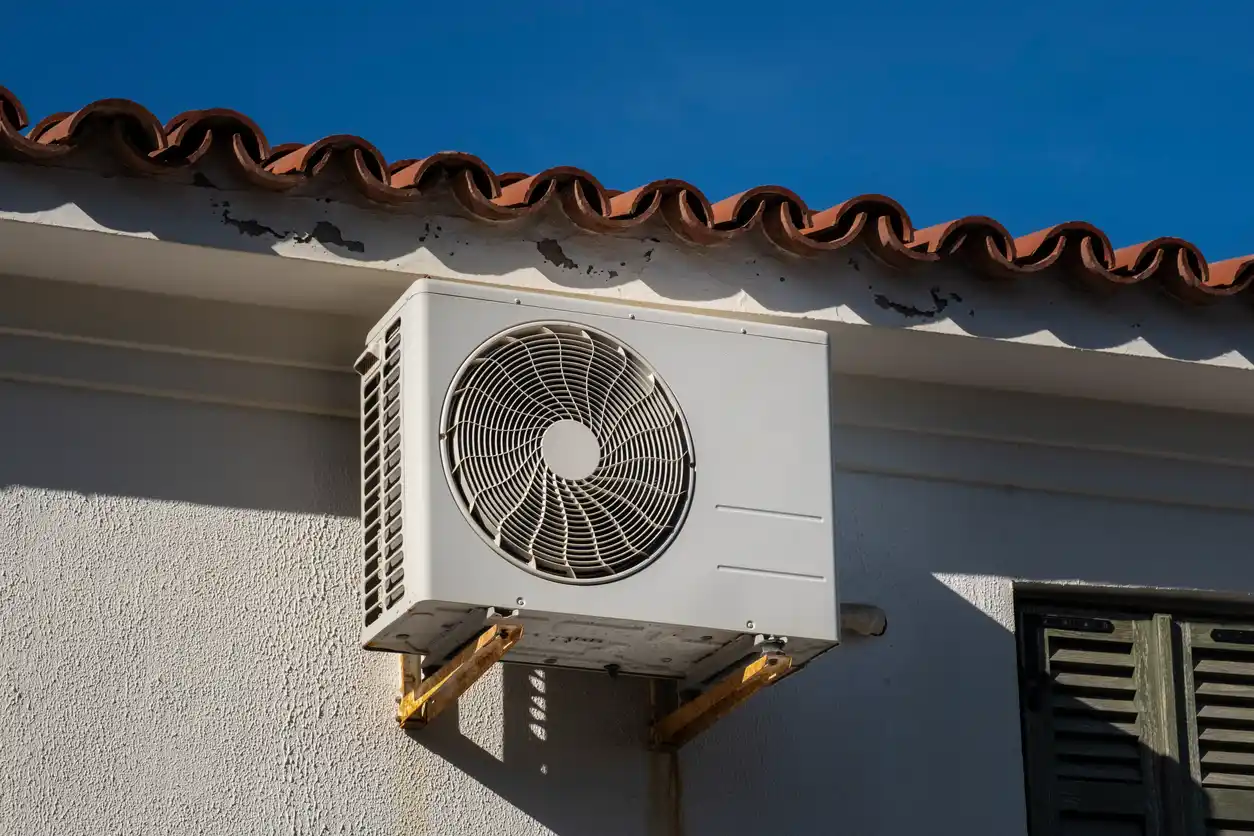 An outdoor mini-split air conditioner unit mounted on a white wall below a tile roof.