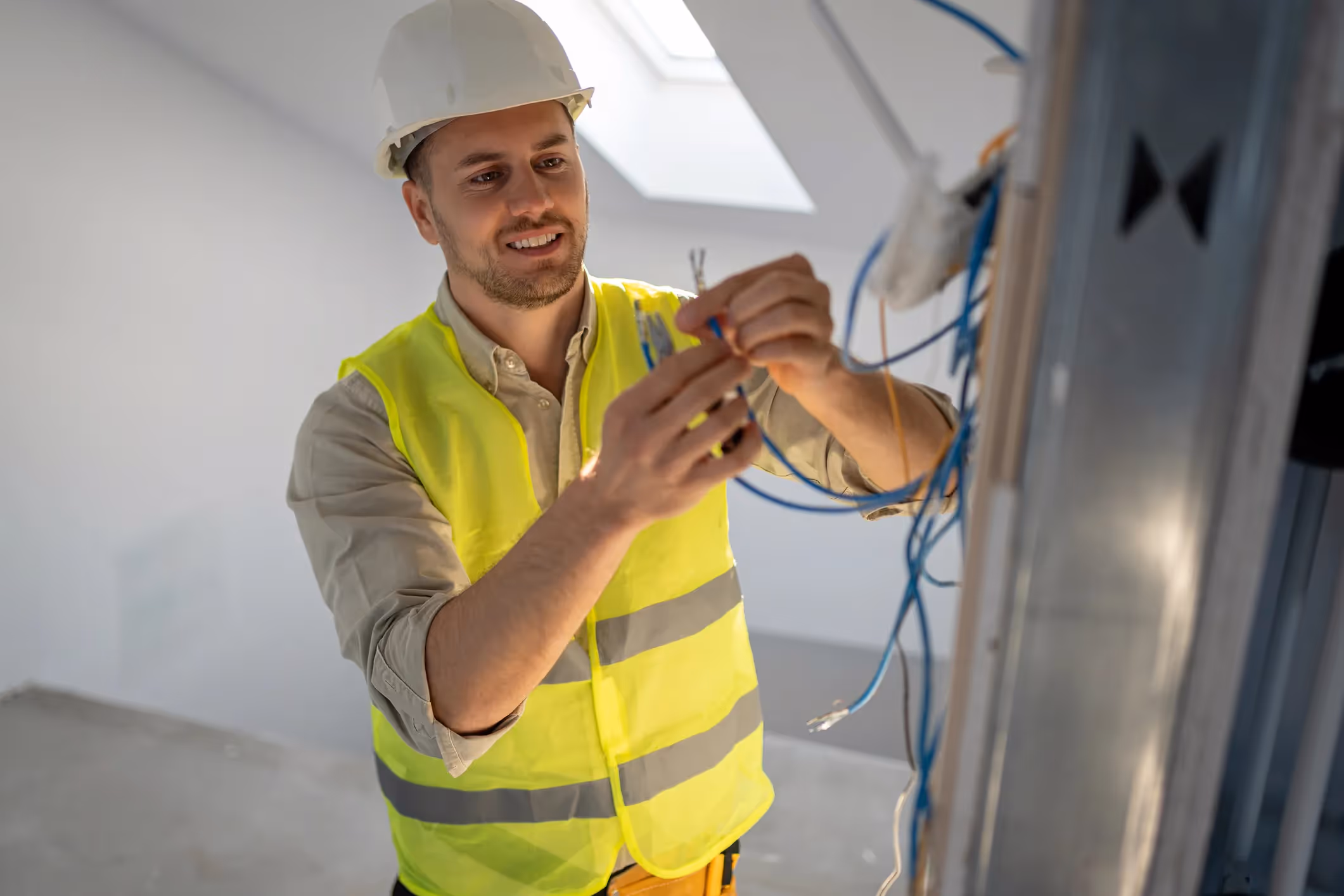 A happy electrician in a yellow safety vest and hard hat strips insulation off a wire in a room under construction.