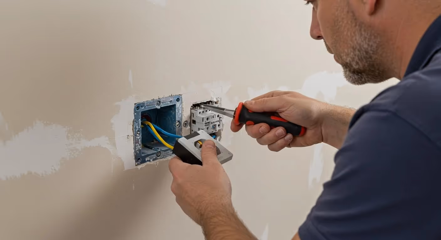 A technician uses needle-nose pliers to work on an electrical component for a wall-mounted outlet. Two blue and yellow wires are visible in the wall boxes, and the surrounding plaster is unfinished.