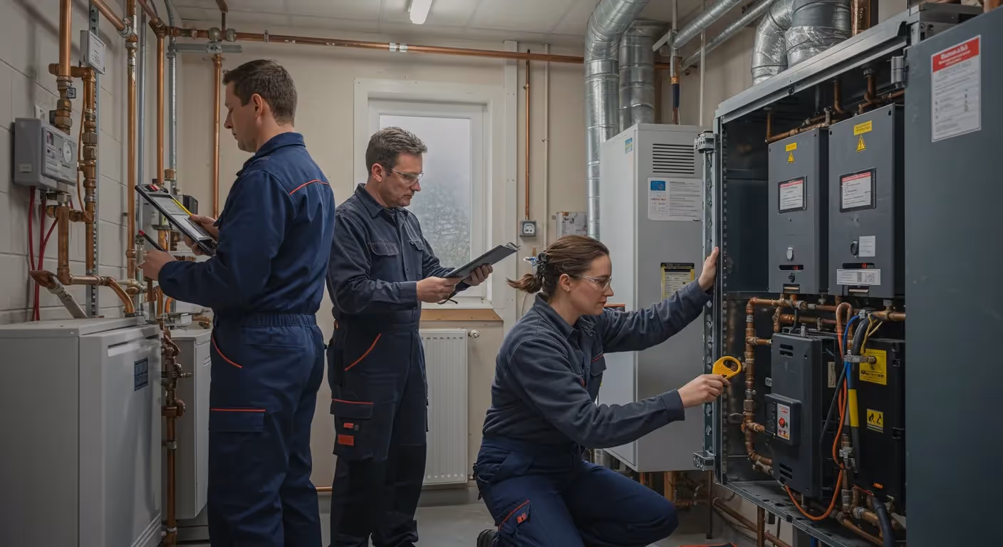 Technicians inspecting complex industrial furnace systems.