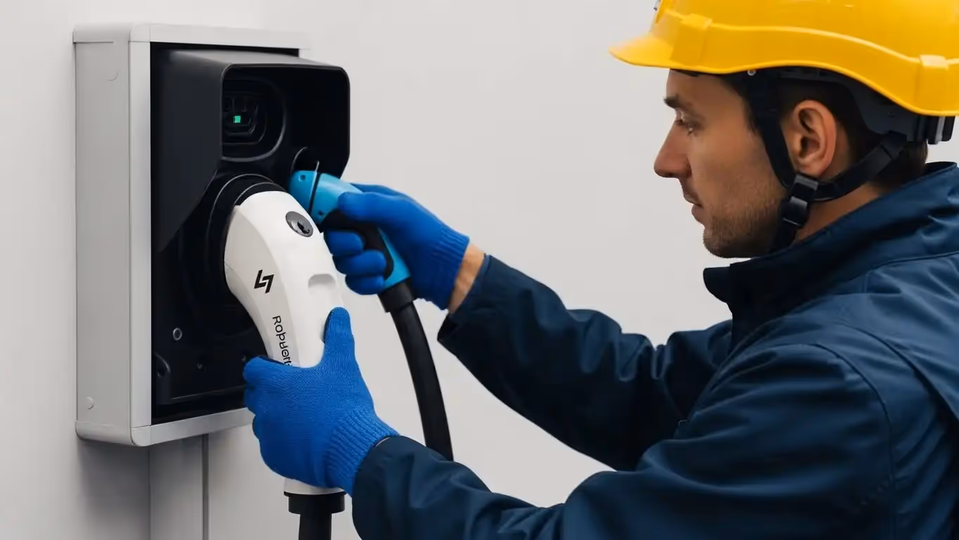 An electrician in a yellow hard hat and blue gloves installs an EV charging station