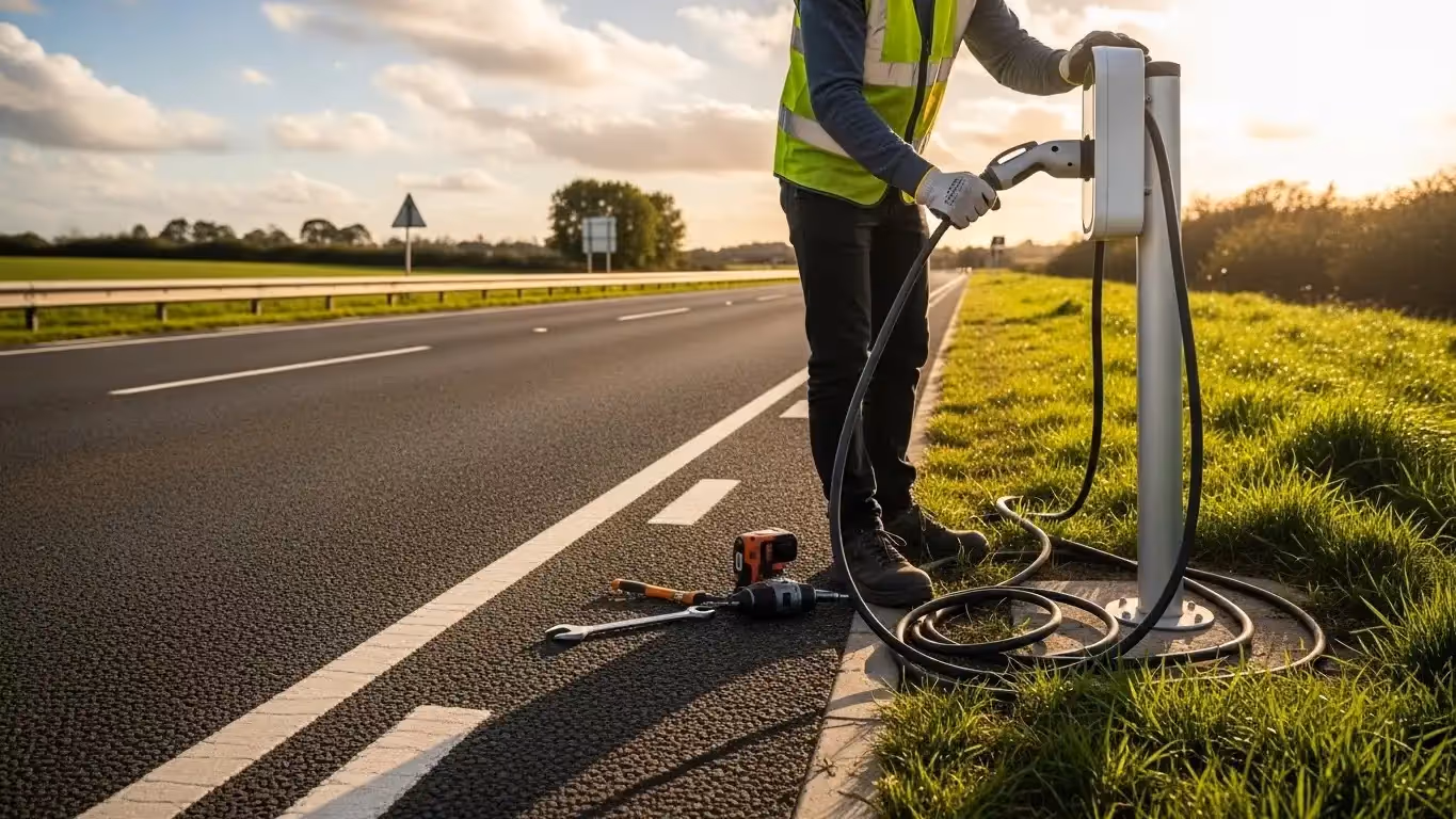 A worker in a safety vest installs a roadside EV charging post during sunset