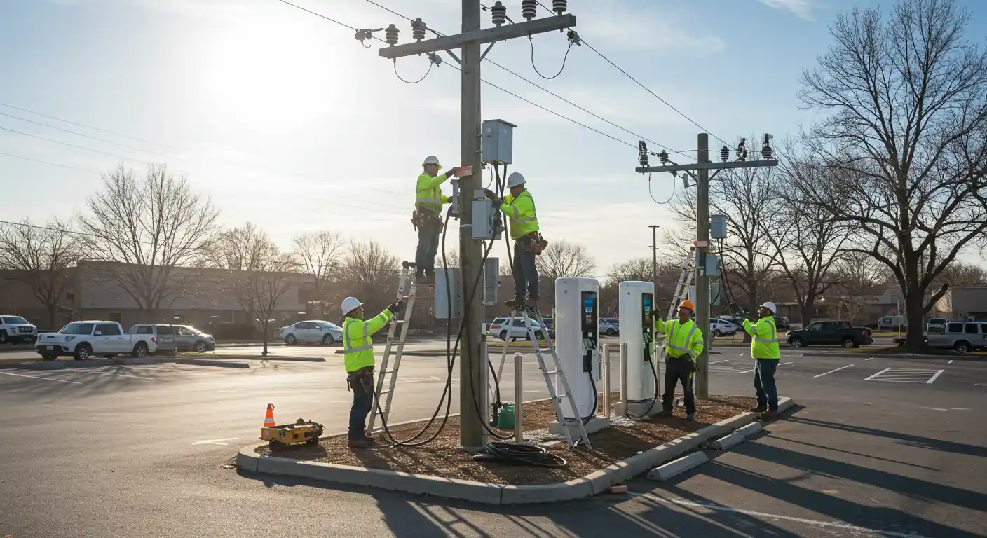 A team of technicians in high-visibility clothing works on a utility pole and outdoor electric vehicle charging stations in a sunny parking lot.