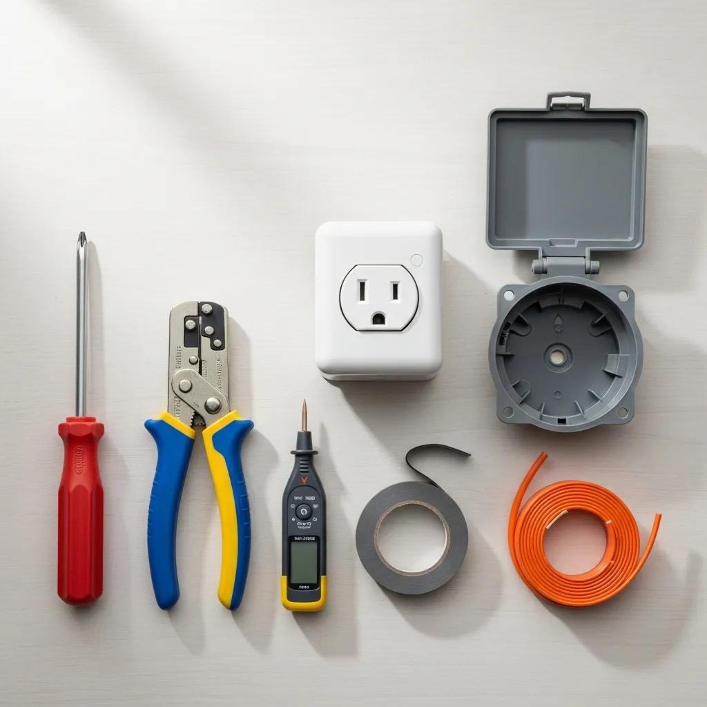 Workbench with tools and outdoor electrical materials ready for installation