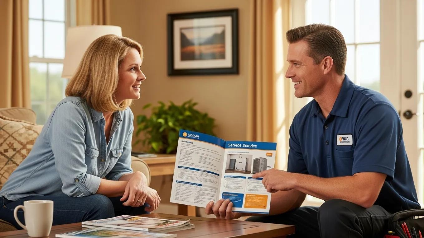 HVAC technician consulting with homeowner about air conditioning services, emphasizing reliability
