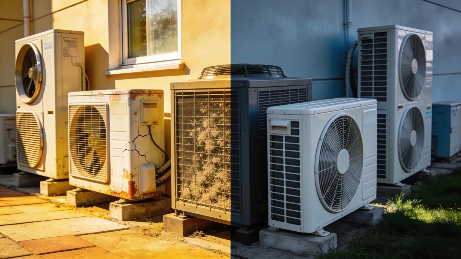 Comparison of air conditioning units in different climates, demonstrating the effects of heat and cold on AC efficiency