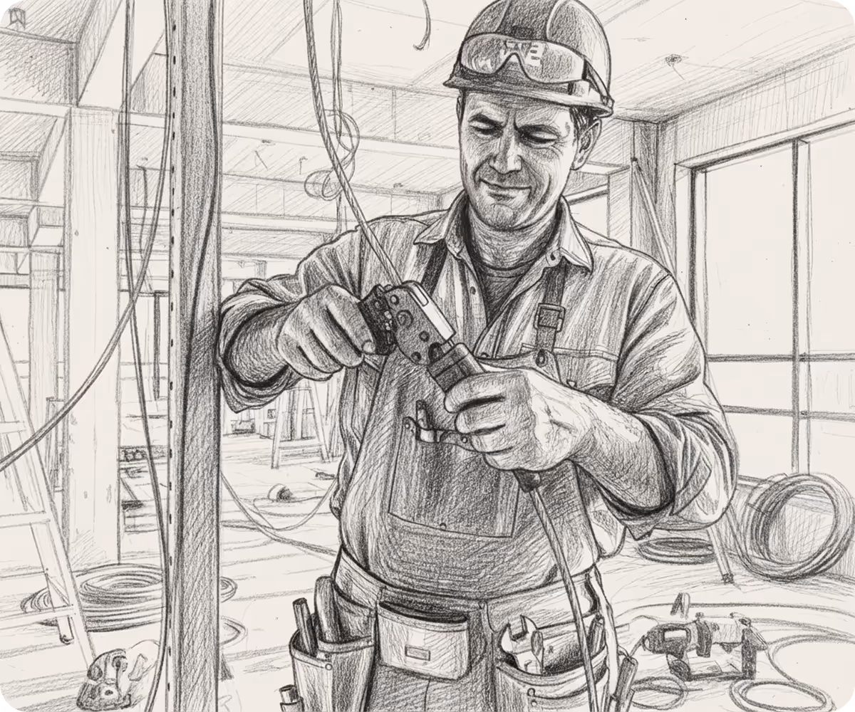 Pencil sketch of a construction worker in a hard hat using a tool to work with wires inside an unfinished building.
