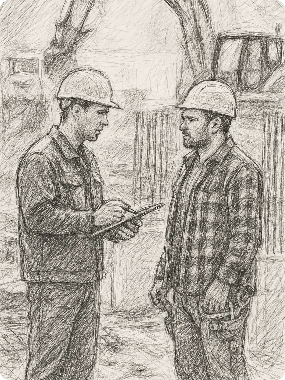 Sketch of two construction workers wearing hard hats and discussing with one holding a clipboard at a construction site.
