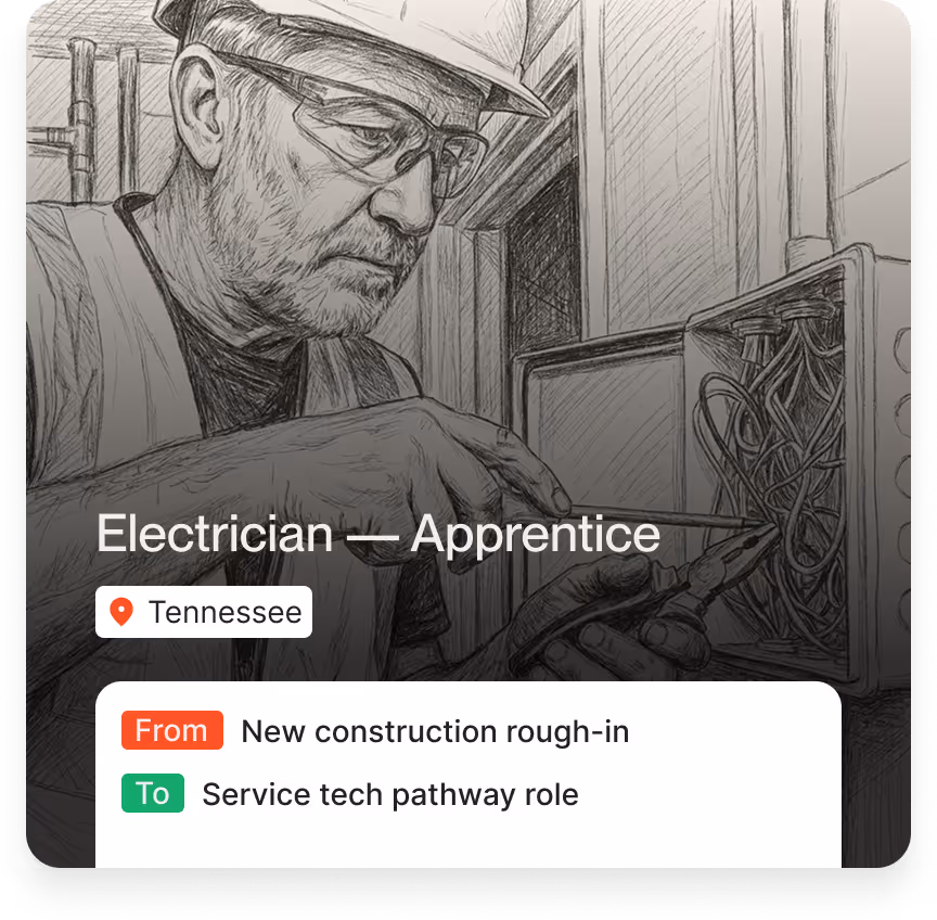 Pencil sketch of a male electrician apprentice wearing glasses and a hard hat, working on wiring inside an electrical box.