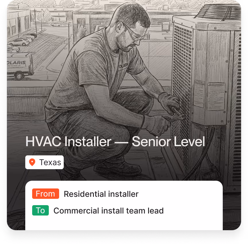 Technician wearing safety glasses and gloves crouched while working on HVAC unit outdoors.