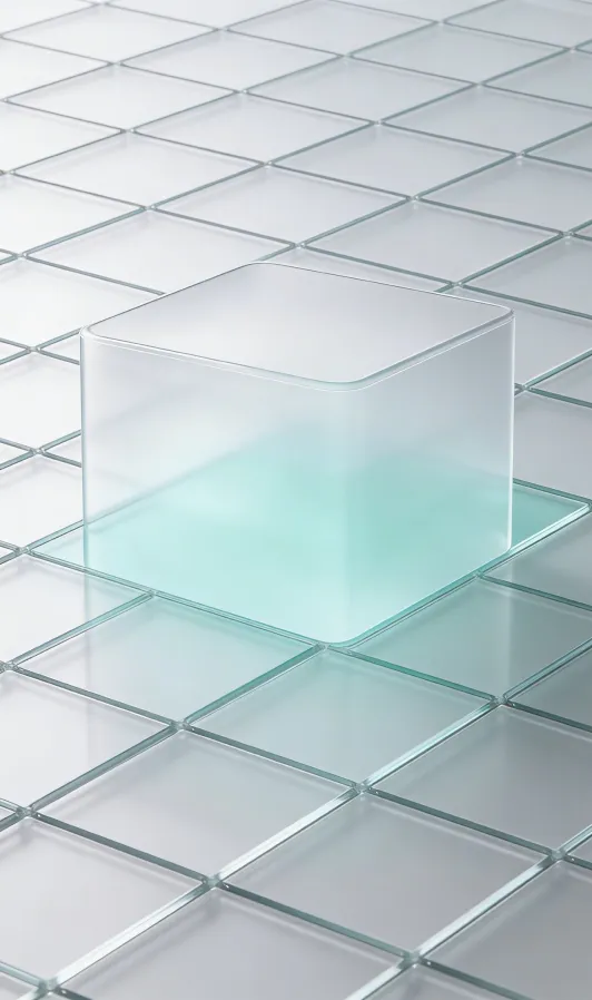 Vertical glass rectangle with a gold stylized logo and the word Z PLATFORM written vertically in black, surrounded by small transparent cubes casting shadows.