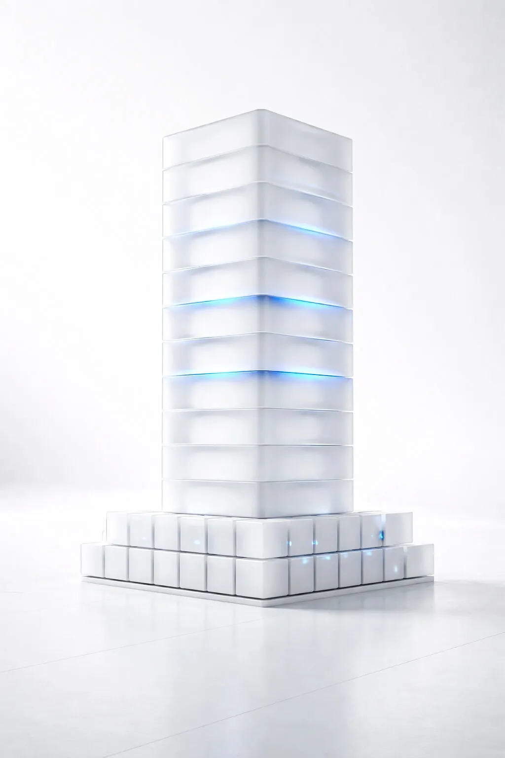 3D grid of transparent cubes stacked in a rectangular tower with some cubes illuminated in white and yellow.