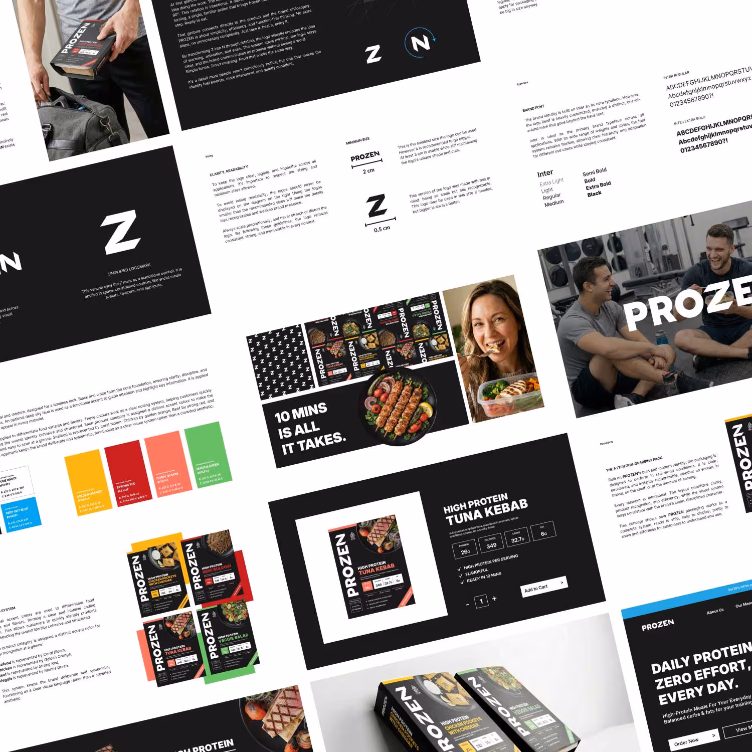 Branding, packaging designs, and marketing materials for Prozen, featuring meal packages, product information, logos, color palettes, and lifestyle photos of people enjoying food and exercise.