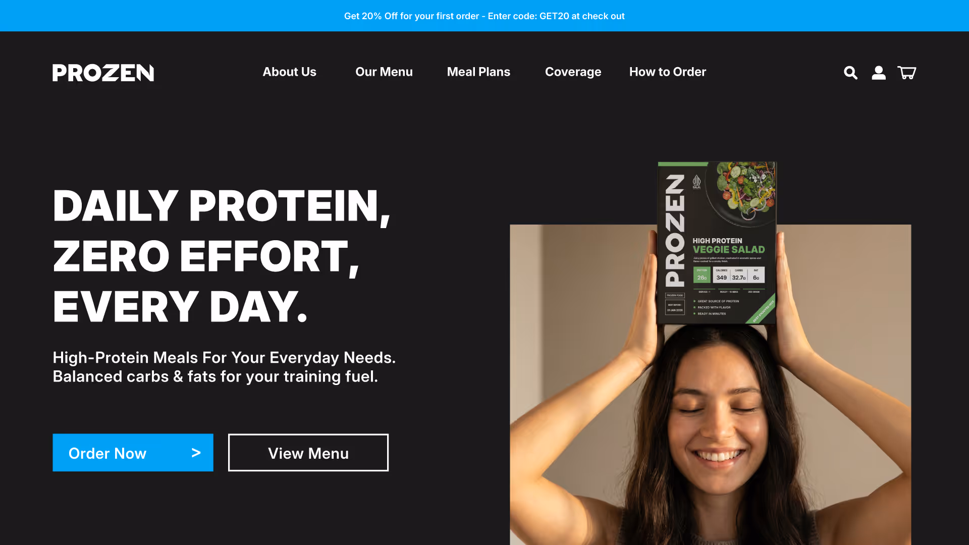 Smiling woman winking while holding a Prozen high protein veggie salad meal box above her head, with text promoting daily protein and meal plans.