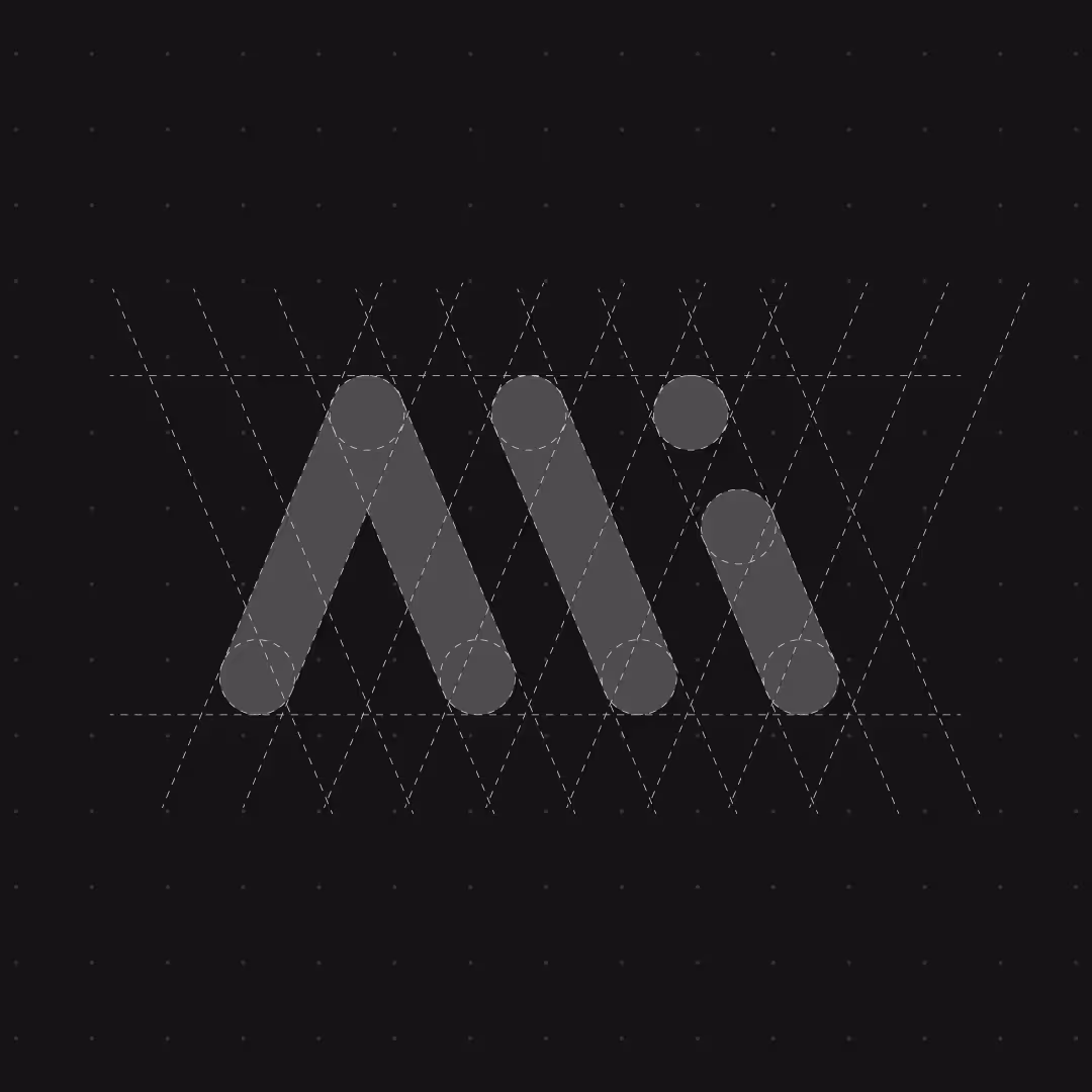 Stylized lowercase letters 'a', 'i', and 'i' in a geometric grid with dashed lines on a black background.