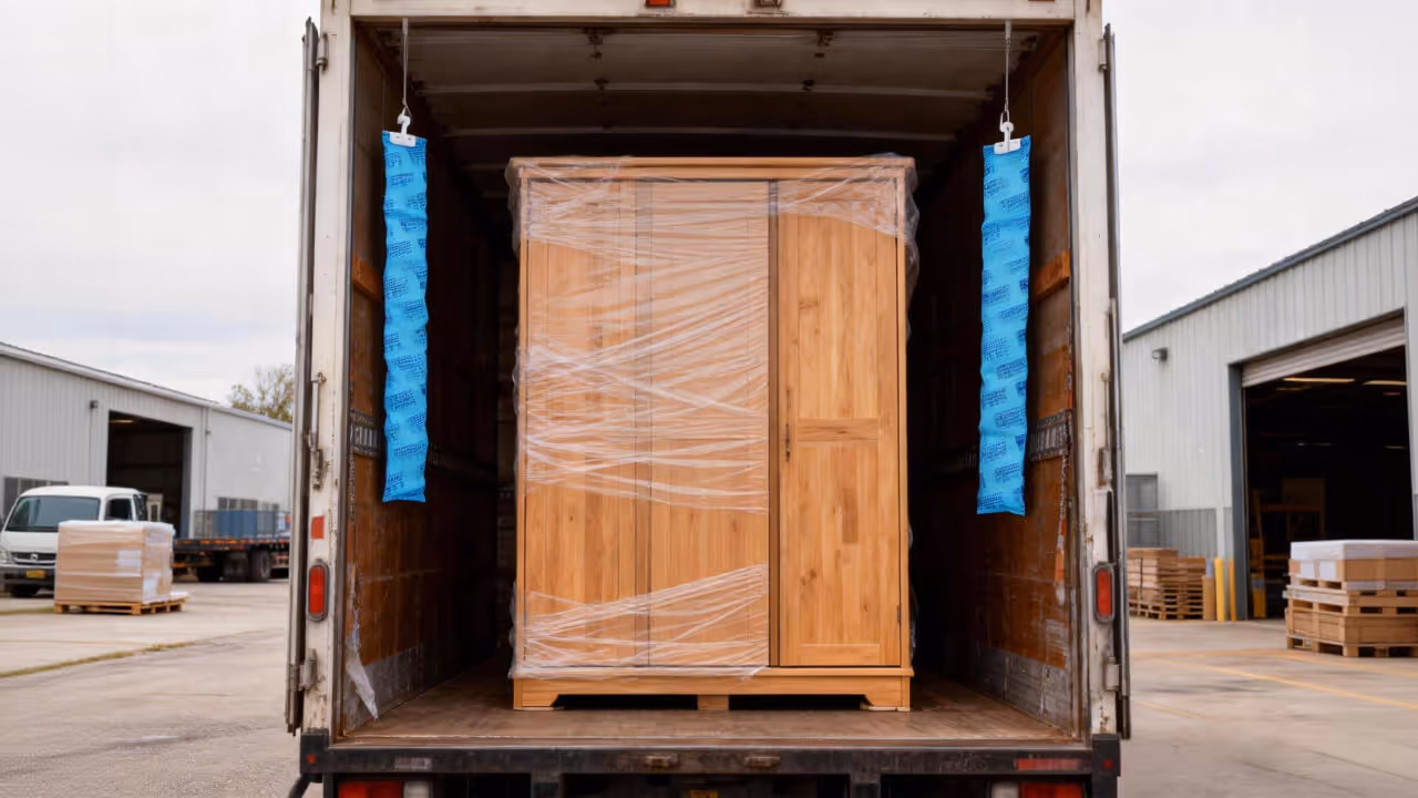 Blue desiccant strips attached inside shipping container to prevent wooden furniture from warping and mold.