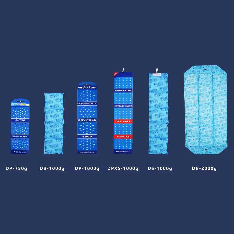 Comparison chart showing different desiccant product sizes, weights, and applications.