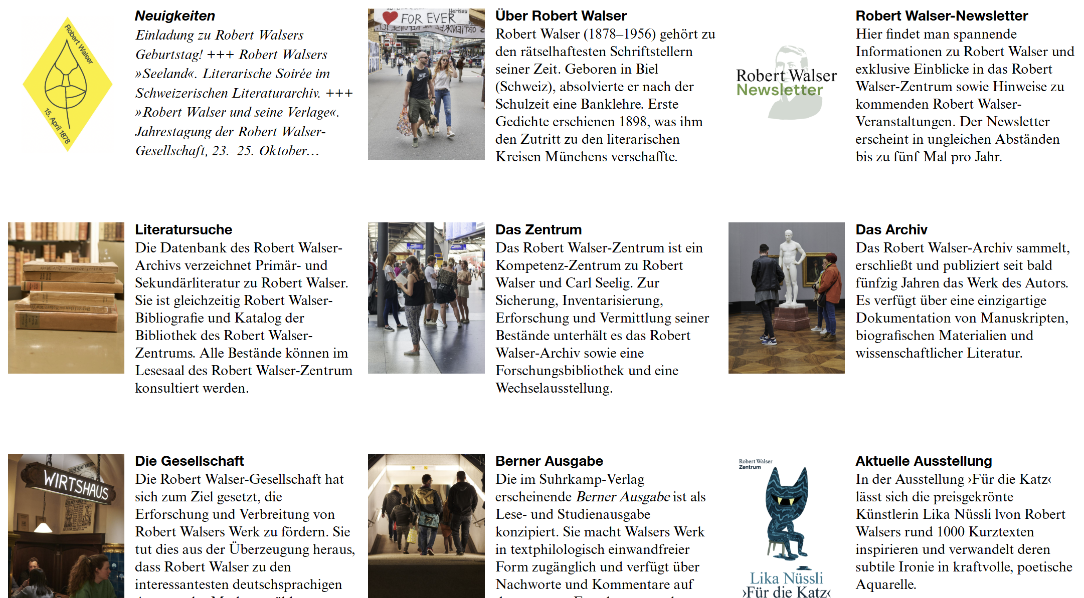 Screenshot der Eingangsseite der Website des Robert Walser Zentrums. Aktuelles wird in einer Magazin-Darstellung aufgelistet.