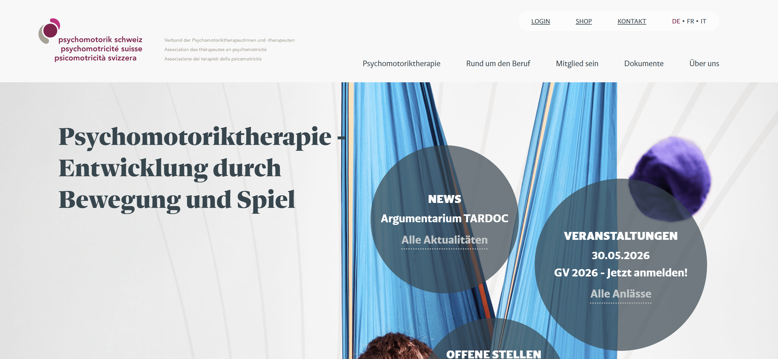 Screenshot der Eingangsseite der Psychomotorik Schweiz-Website
