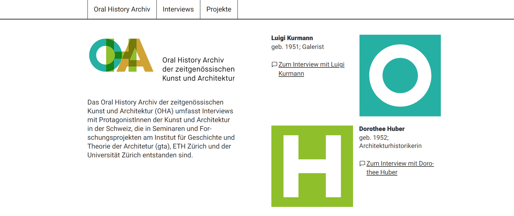 Eingangseite der Website mit Kachelansicht und Teaser auf Interviews