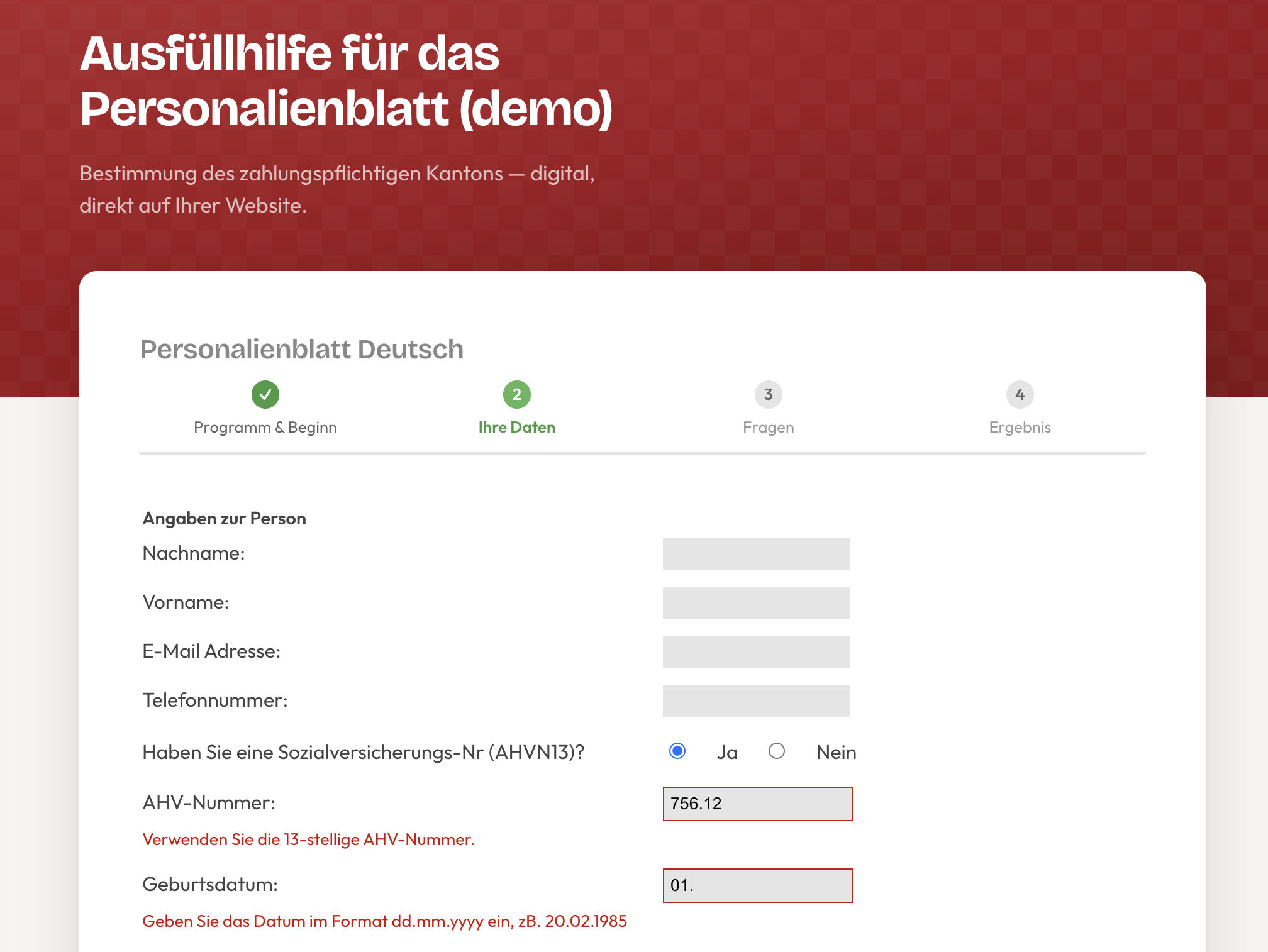 Screenshot der Ausfüllhilfe zum Personalienblatt zur Bestimmung des zahlungspflichtigen Kanton