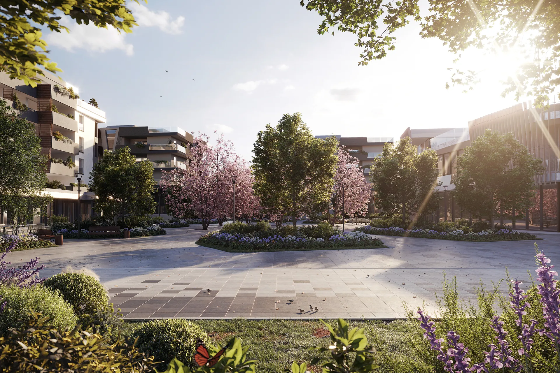 Arborea Living - Ampio spazi urbano con alberi fioriti, siepi e panchine, circondato da edifici moderni sotto una luce solare calda.
