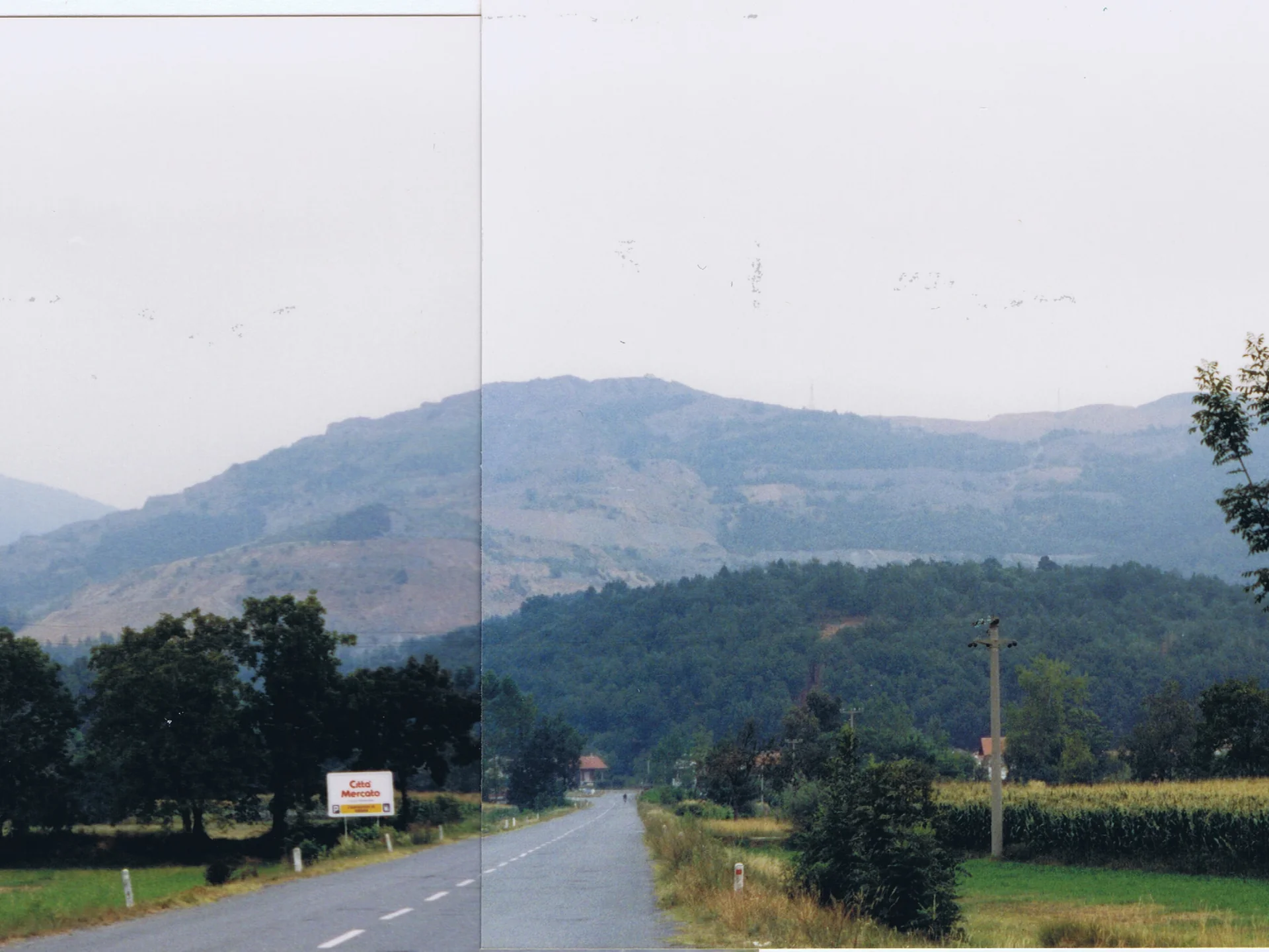 Two-lane road leading toward forested hills under an overcast sky with scattered trees on both sides.