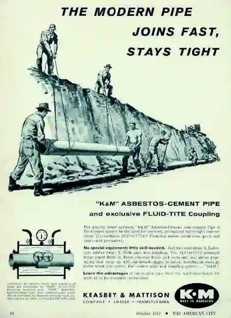 Pubblicità storica di tubazioni in cemento-amianto della Keasbey & Mattison Company del 1957