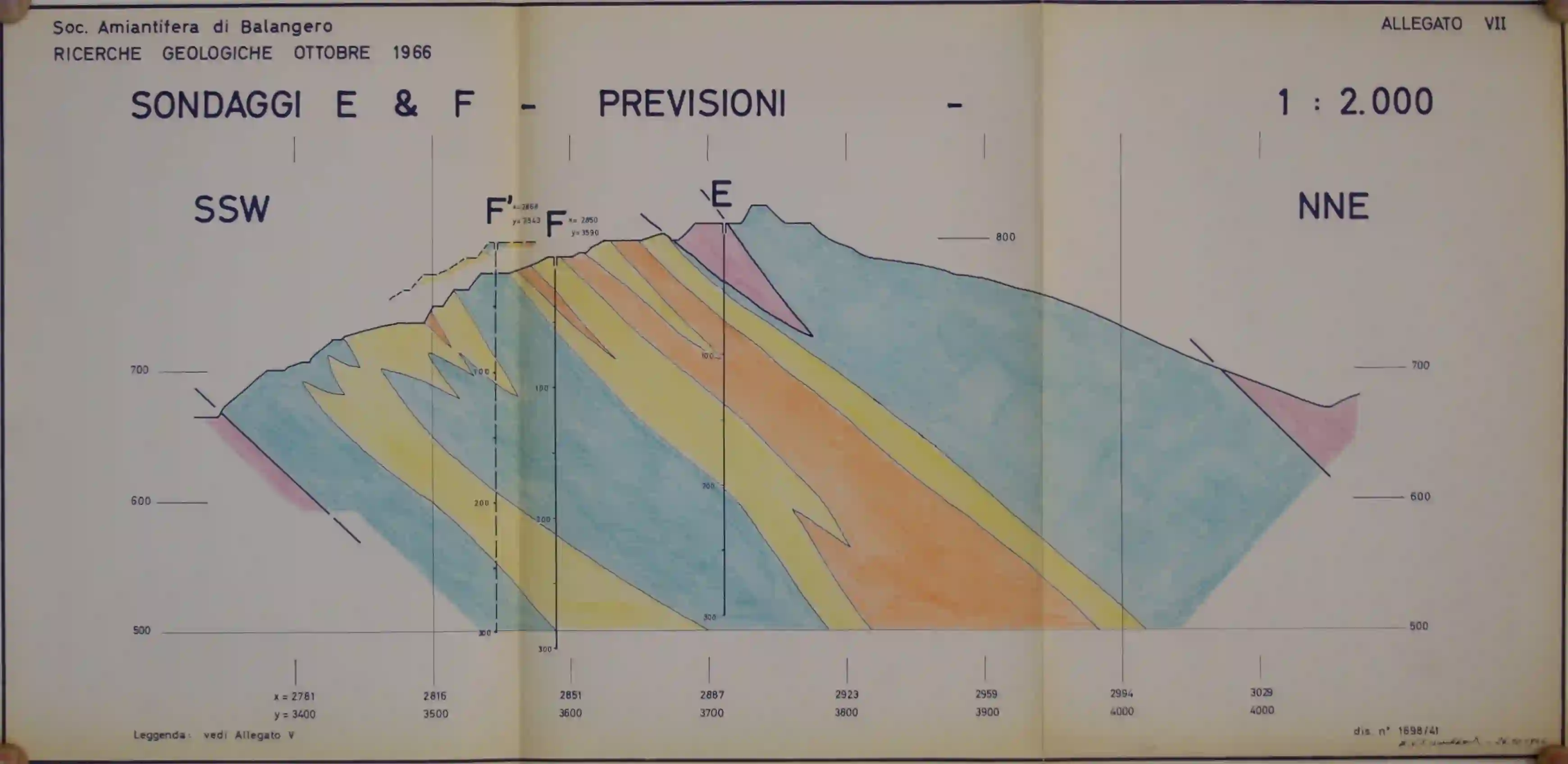 Sezione geologico-mineraria del 1966 con i sondaggi E e F e la previsione della mineralizzazione in profondità.