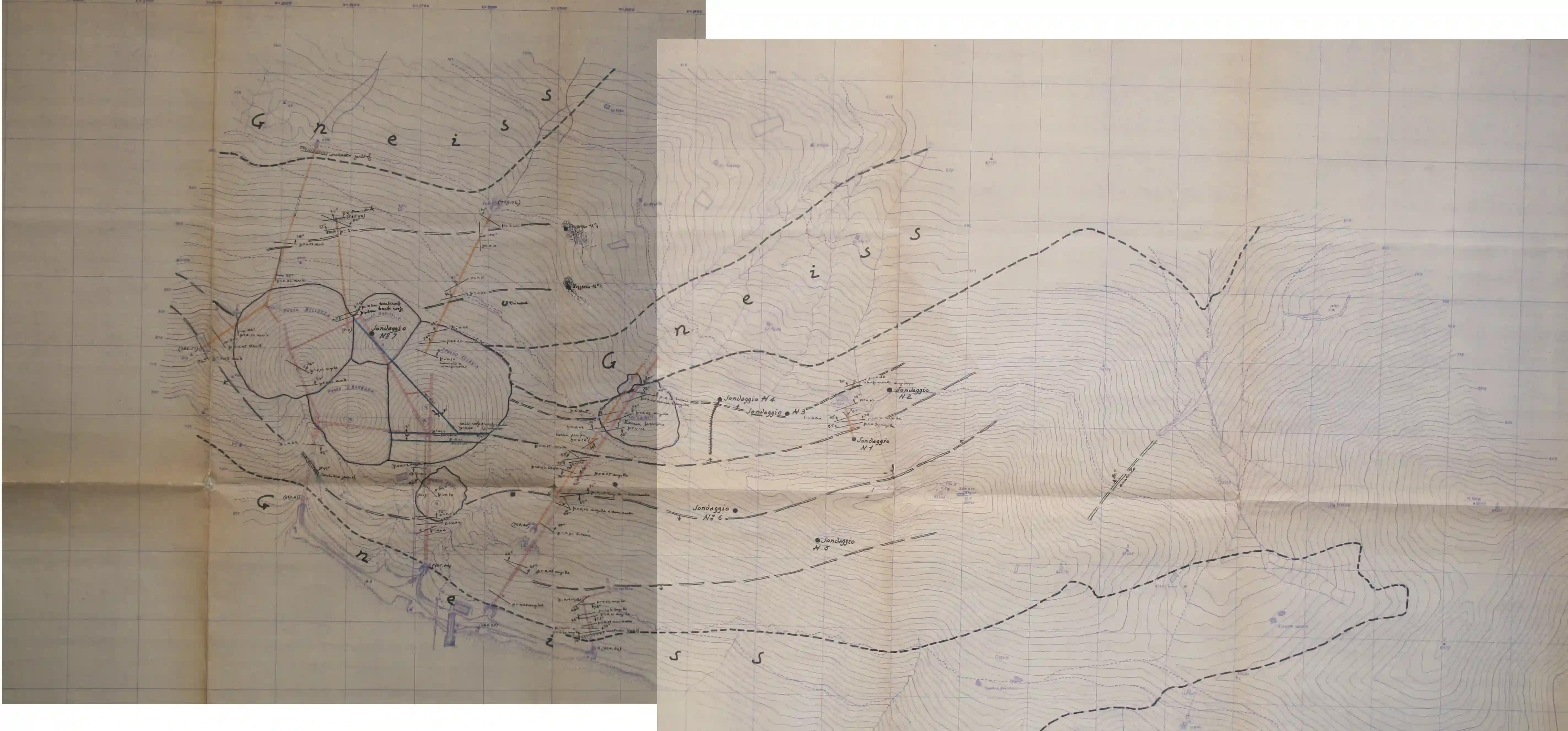 Carta topografica storica dell’area di Balangero con curve di livello, sondaggi e rilievi geologico-minerari