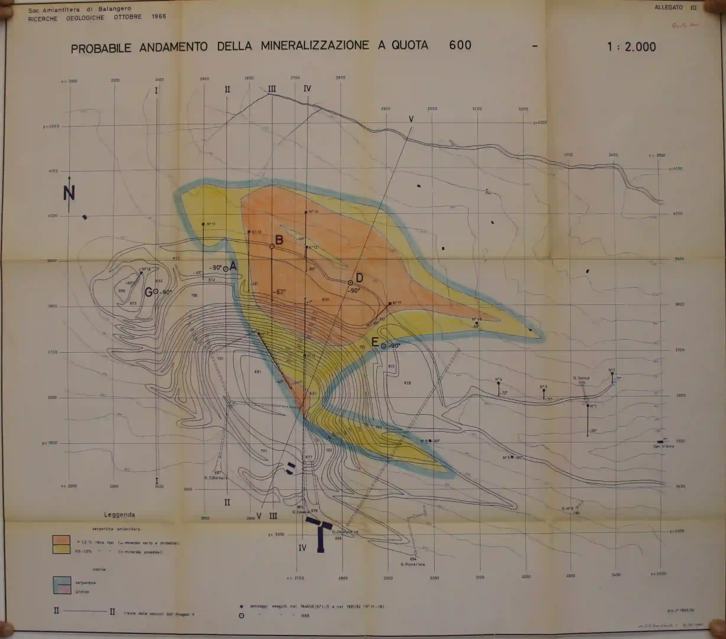 Carta geologica del 1966 che rappresenta il probabile andamento della mineralizzazione di amianto nel giacimento di Balangero