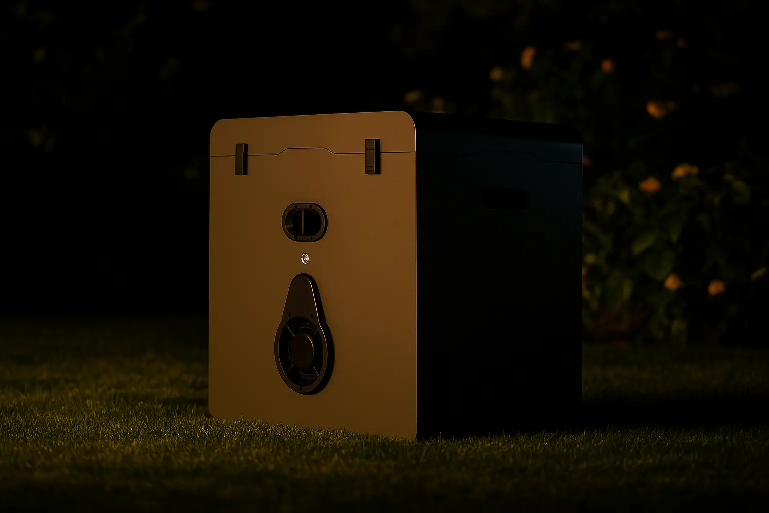 Vue nocturne d'une borne GRéco éclairée dans un jardin, soulignant sa discrétion et son efficacité continue pour protéger vos soirées en extérieur.