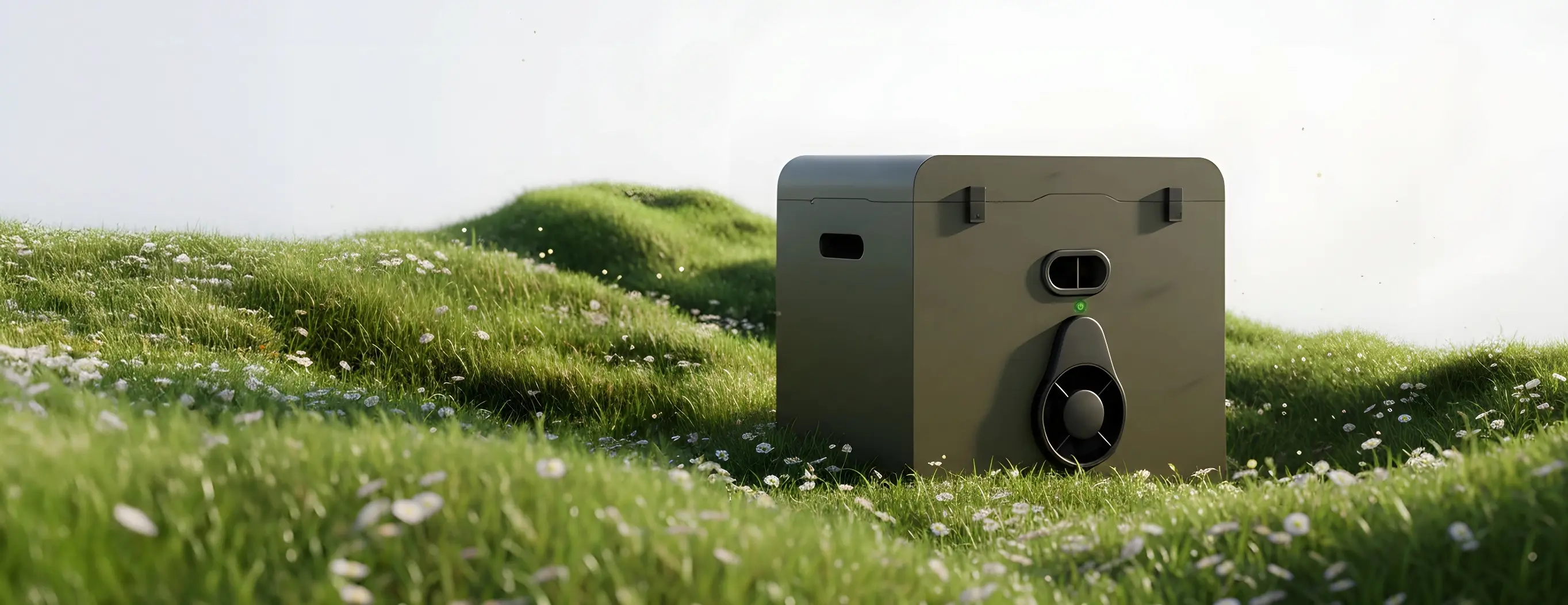 Borne anti-moustiques GRéco posée au sol dans une prairie verdoyante et fleurie sous un ciel bleu.