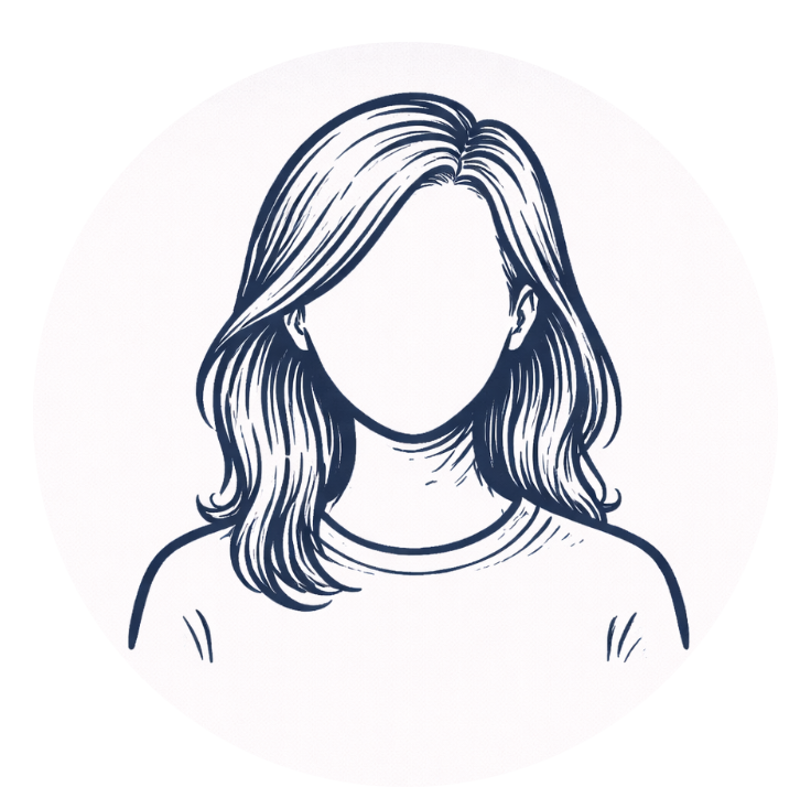 Dibujo de una persona con cabello medio largo y ondulado, sin rasgos faciales visibles.