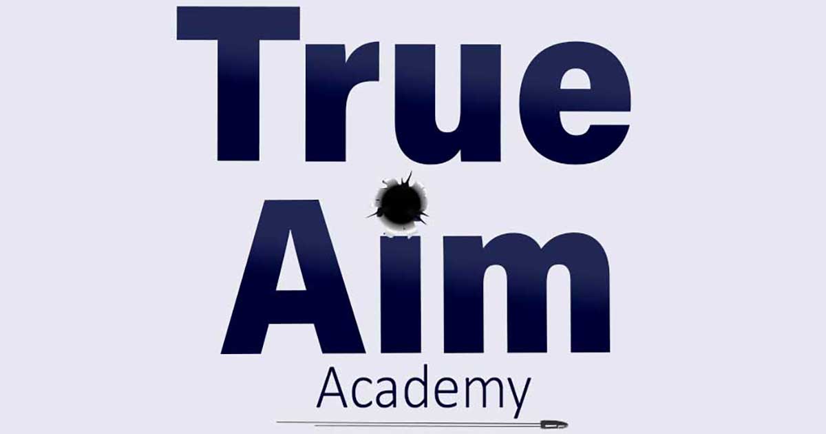 Logo for True Aim Academy with a bullet hole in the letter A and a bullet graphic underlining the word Academy.